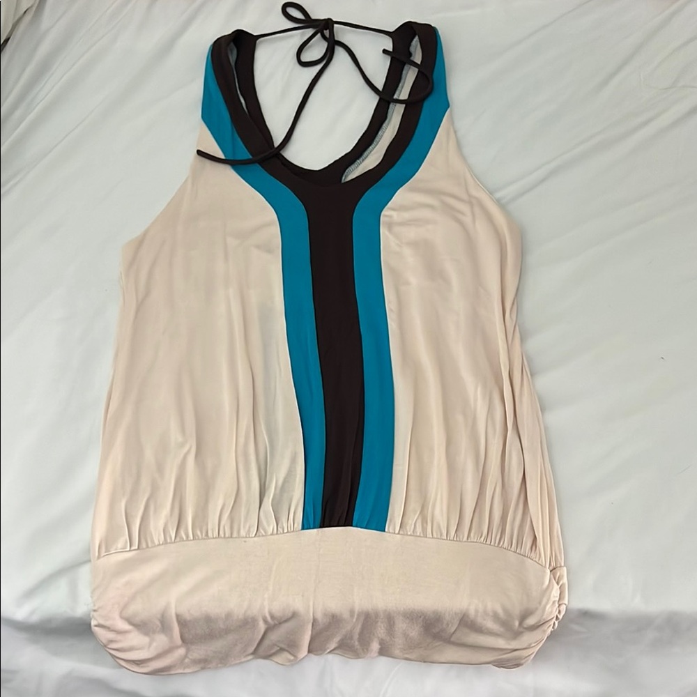 Cream and Blue Sleeveless Backless Tank Top with Tie Front